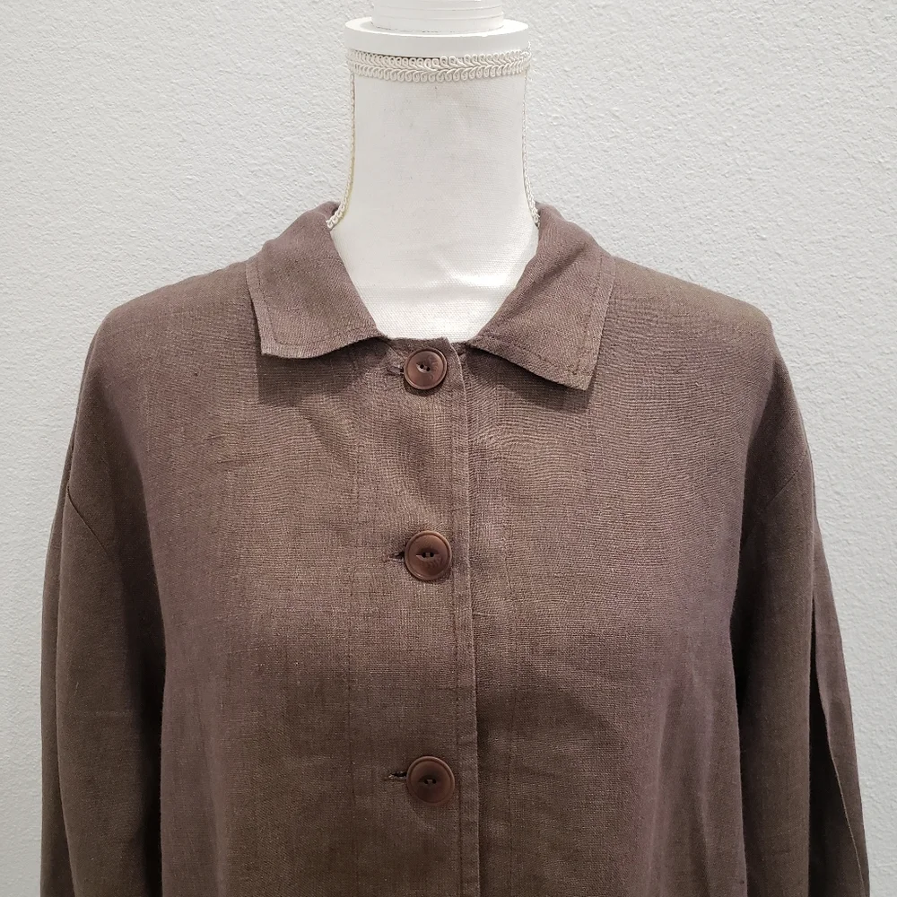 FLAX Brown Button Down Lightweight Linen Jacket Size Medium - Picture 2 of 8
